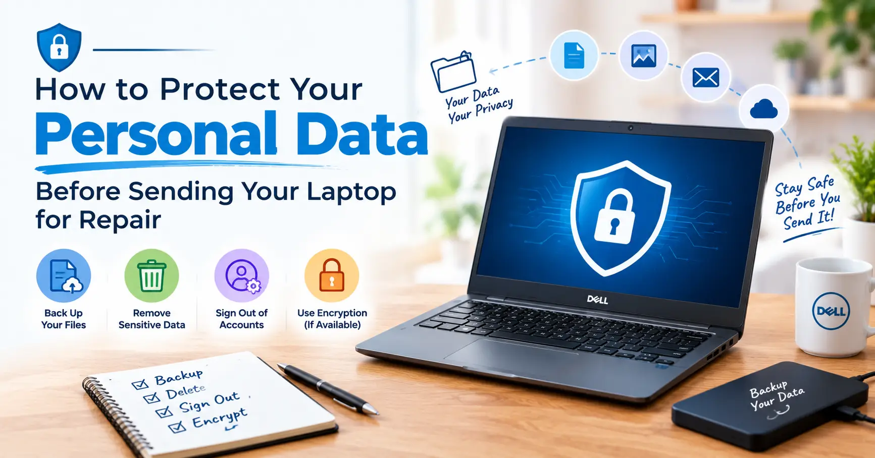 Alt text Laptop with a security shield and data protection tips before repair.