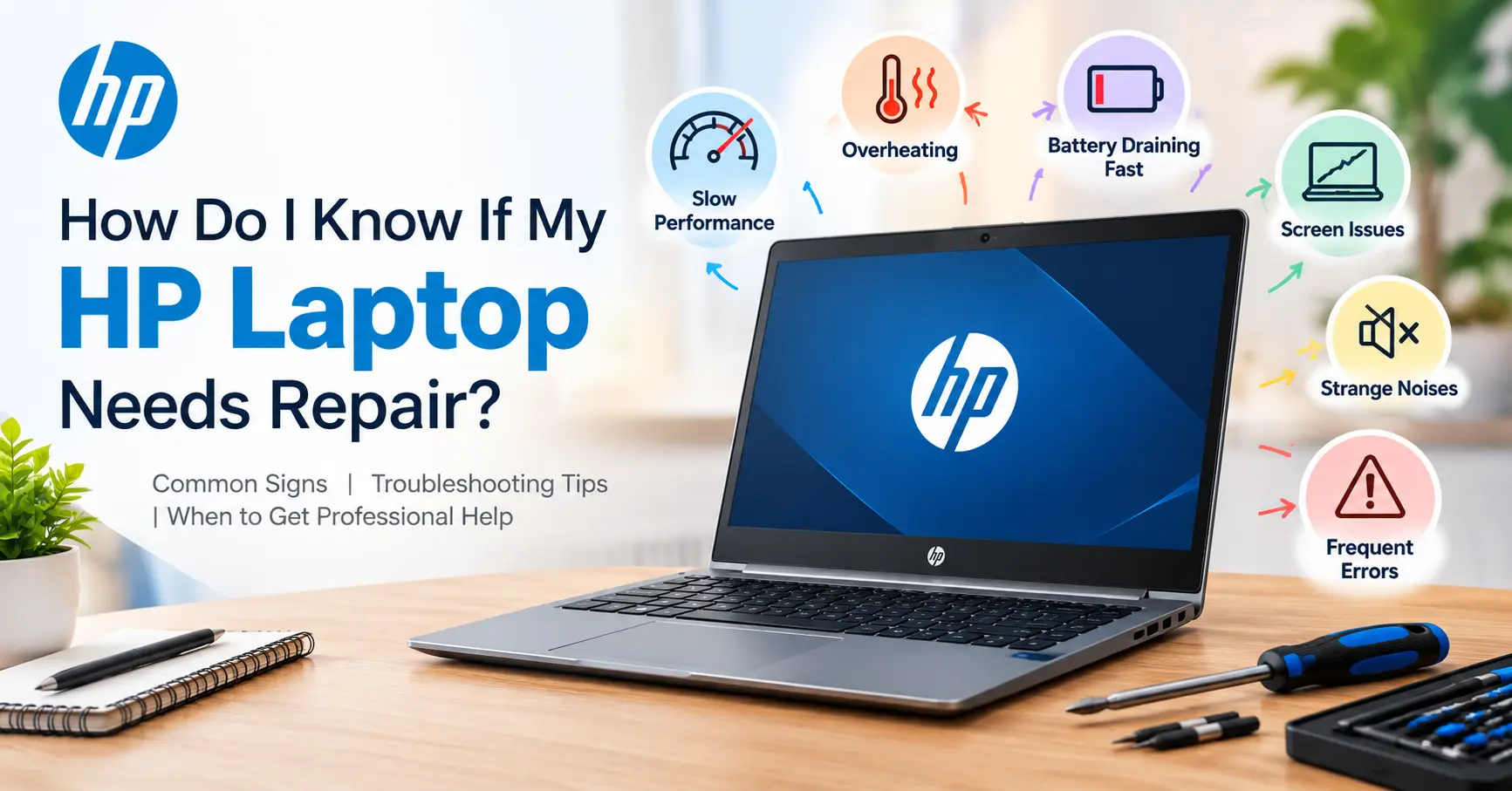 HP laptop showing common signs that it needs repair